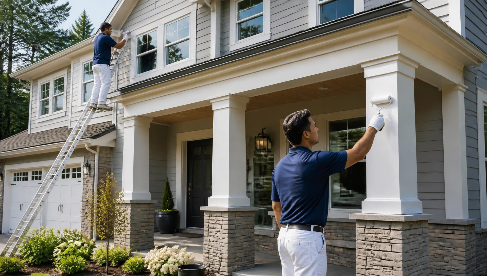 Professional painters painting a modern home exterior